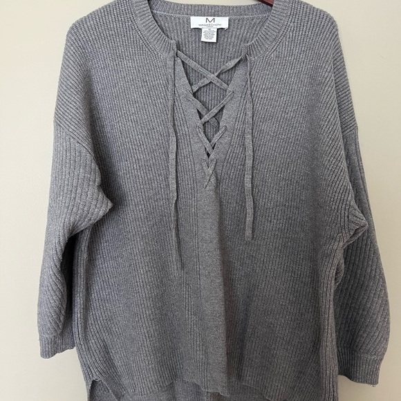 Magaschoni women’s 1x plus size gray sweater with drop shoulder and lace up neck - Picture 1 of 7